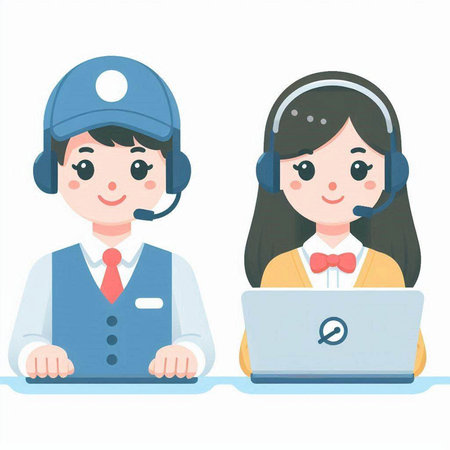 Customer service agent and operator with headset and laptop. Vector illustration.のイラスト素材