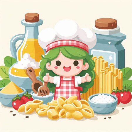 Illustration of a Cute Little Girl Cooking Pasta and Ingredientsのイラスト素材