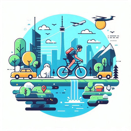 Cyclist riding bicycle on road in city, flat vector illustrationのイラスト素材