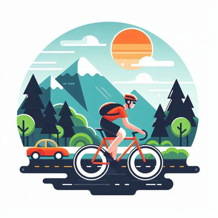 Cyclist riding a bike in the forest. Flat style vector illustration.のイラスト素材