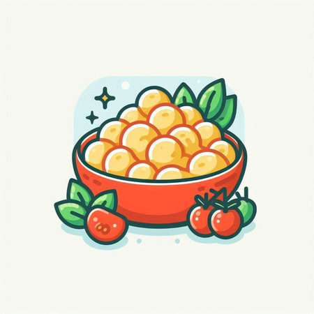 Cute vector illustration of a bowl of gnocchi with strawberriesのイラスト素材
