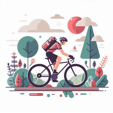 Vector illustration of a cyclist riding a bicycle in the forest. Flat style.のイラスト素材
