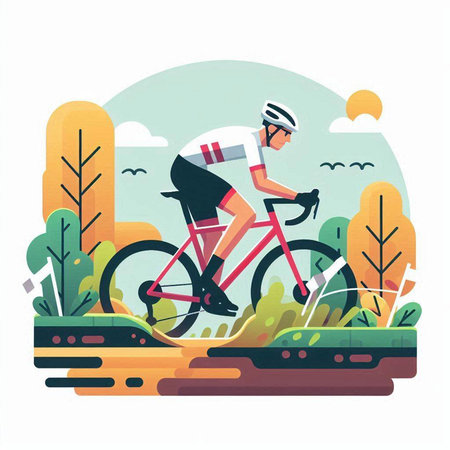 Cyclist riding bicycle in the park. Flat vector illustration.のイラスト素材
