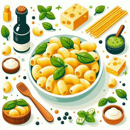 Vector illustration of a bowl of pasta with cheese, basil and pestoのイラスト素材