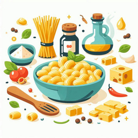 Pasta and ingredients for cooking. Vector illustration in flat style.のイラスト素材