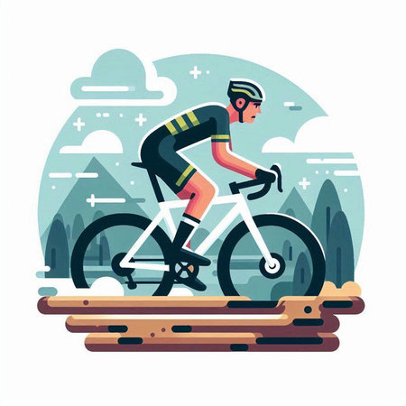 Cyclist on the road in the mountains. Flat vector illustration.のイラスト素材