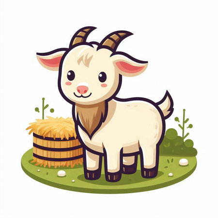 Cute goat with haystack on the farm. Vector illustration.のイラスト素材