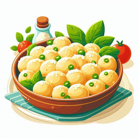 Vector illustration of a bowl of gnocchi stuffed with rice and green peasのイラスト素材