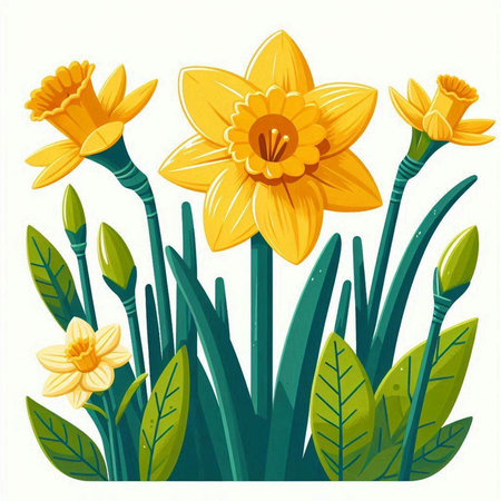 Daffodils with green leaves on white background. Vector illustration.のイラスト素材