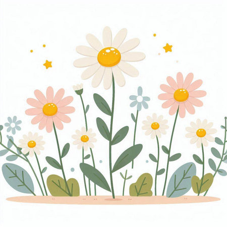 Floral background with daisies and stars. Vector illustration.のイラスト素材