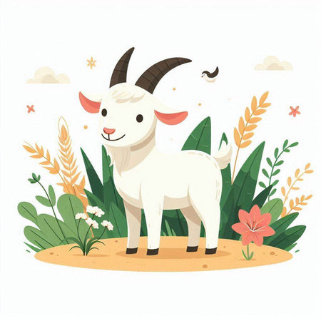 Goat cartoon character with grass and flowers. Vector illustration isolated on white background.のイラスト素材