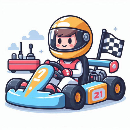 Cartoon kart driver driving a race car. Vector illustration.のイラスト素材