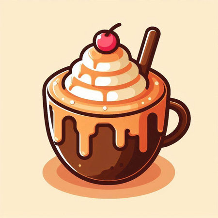 Coffee cup with whipped cream and cherry. Vector illustration.のイラスト素材