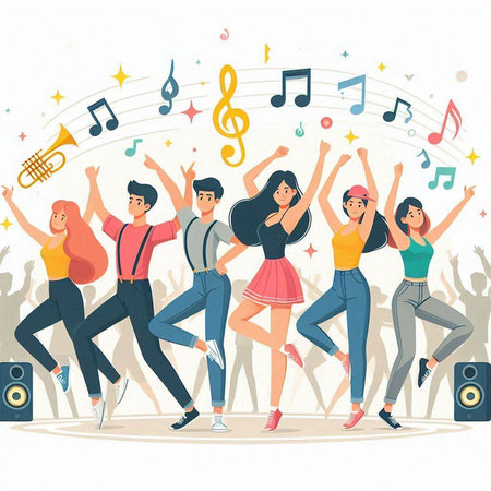 Dancing people. Group of young people. Vector illustration in cartoon style.のイラスト素材