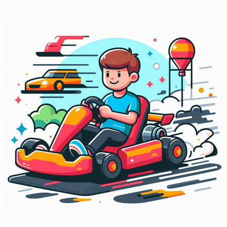 Cute boy driving a kart. Vector illustration in cartoon style.のイラスト素材