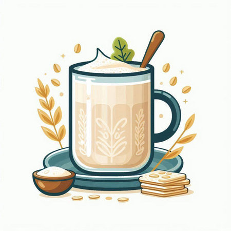 Coffee cup with milk and biscuits. Vector illustration in cartoon style.のイラスト素材