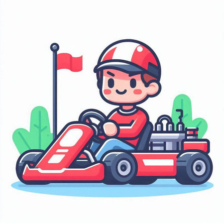 Cartoon boy driving a race car. Vector illustration in a flat style.のイラスト素材