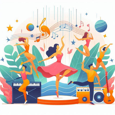 Dancing people. Vector illustration in flat style. Music festival.のイラスト素材