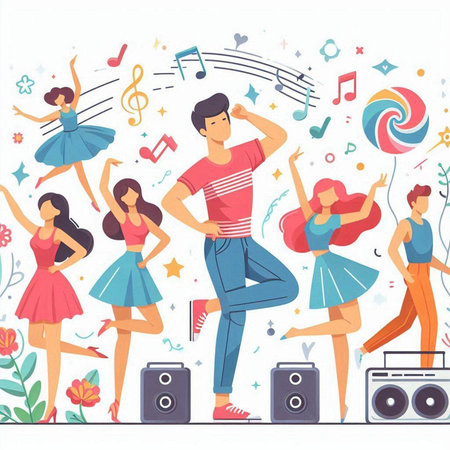 Dancing people. Flat vector illustration. Group of young dancing people.のイラスト素材