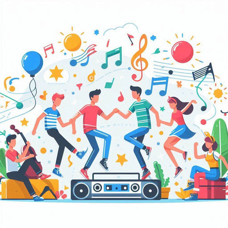Music festival flat vector illustration. Group of young people having fun, dancing, singing and playing musical instruments.のイラスト素材