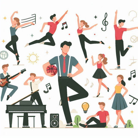 Vector illustration of a group of people dancing, singing, playing musical instruments.のイラスト素材