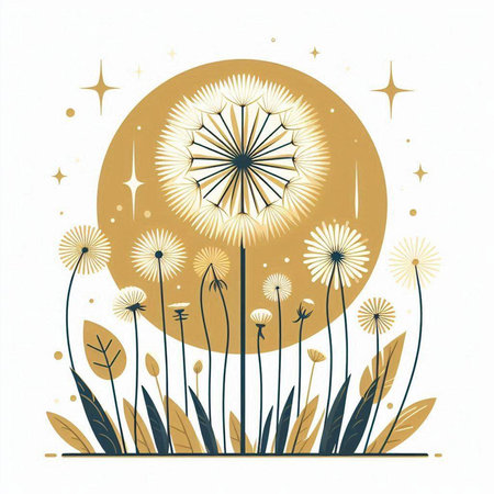 Dandelions on a background of the moon and stars. Vector illustration.のイラスト素材