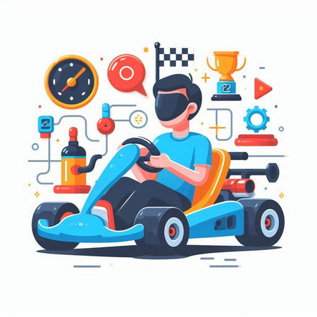 Young man driving a karting car. Flat vector illustration.のイラスト素材