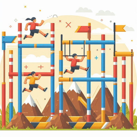 Vector illustration of a man and woman jumping on the obstacle course.のイラスト素材