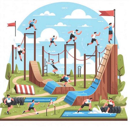 Sportive people jumping on an obstacle course. Vector illustration in flat styleのイラスト素材