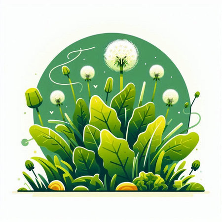 Vector illustration of a dandelion with green leaves and seeds.のイラスト素材