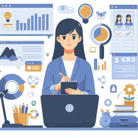 Flat design modern vector illustration concept of businesswoman working on laptop.のイラスト素材