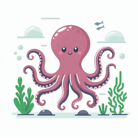 Cute cartoon octopus in the sea. Vector illustration on white background.のイラスト素材