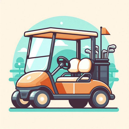 Golf cart on the golf course. Vector illustration. Cartoon style.のイラスト素材