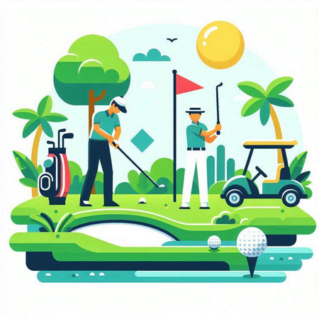 Golfers playing golf on golf course. Flat style vector illustration.のイラスト素材