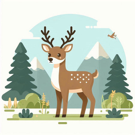 Cute deer on the background of mountains and forest. Vector illustrationのイラスト素材