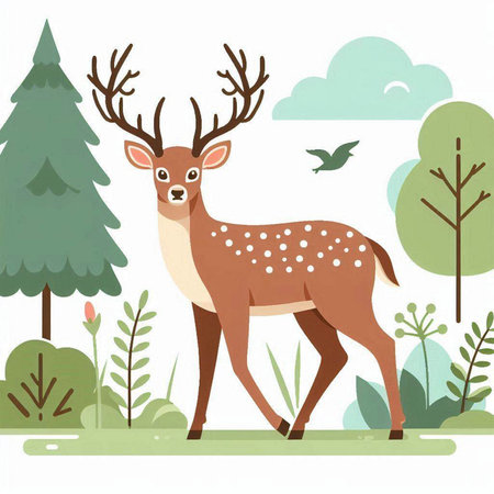 Deer on the background of the forest. Vector illustration in flat style.のイラスト素材