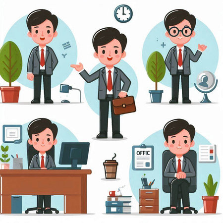 Businessman character vector illustration set. Cartoon businessman in various poses.のイラスト素材