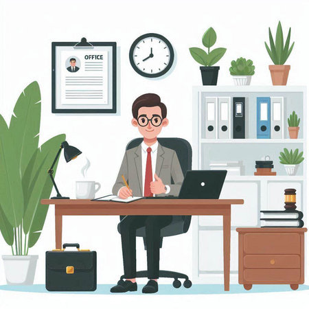 Businessman sitting at desk in office. Vector illustration in flat styleのイラスト素材