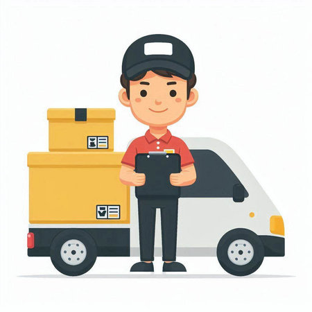 Delivery man with tablet and boxes. Vector illustration in a flat style.のイラスト素材