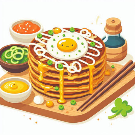 Illustration of a stack of pancakes with fried egg on a wooden boardのイラスト素材