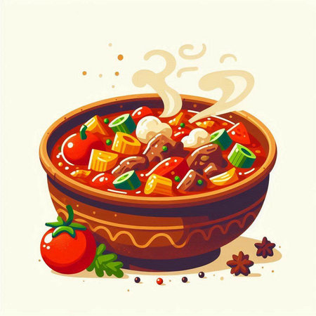 Soup with meat and vegetables in a bowl. Vector illustration.のイラスト素材