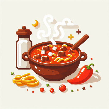 Vector illustration of a bowl of beef soup with vegetables and spices.のイラスト素材