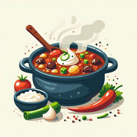 Soup with meat and vegetables. Vector illustration in cartoon style.のイラスト素材
