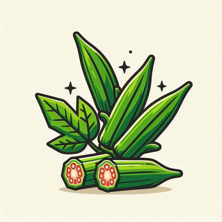 Illustration of fresh okra with green leaves. Vector illustration.のイラスト素材