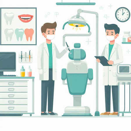 Dentist and patient in dental office. Vector illustration in cartoon styleのイラスト素材
