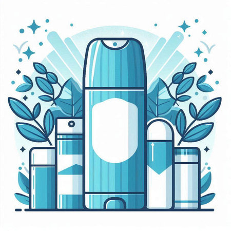 Cosmetic bottle with dispenser and green leaves. Vector illustration.のイラスト素材