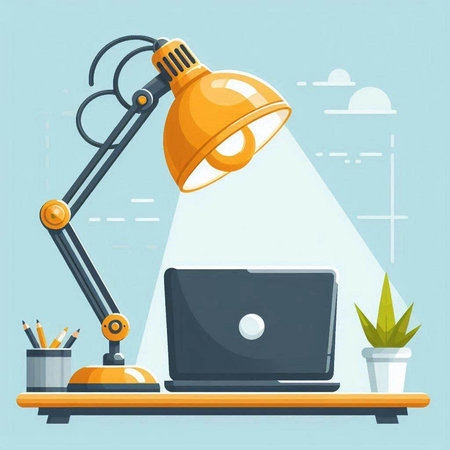 Vector illustration of working place with laptop, lamp and pencils.のイラスト素材
