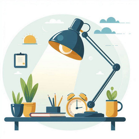 Flat design modern vector illustration concept of office workplace. Workplace with table lamp, coffee cup, alarm clock, stationery and plants.のイラスト素材