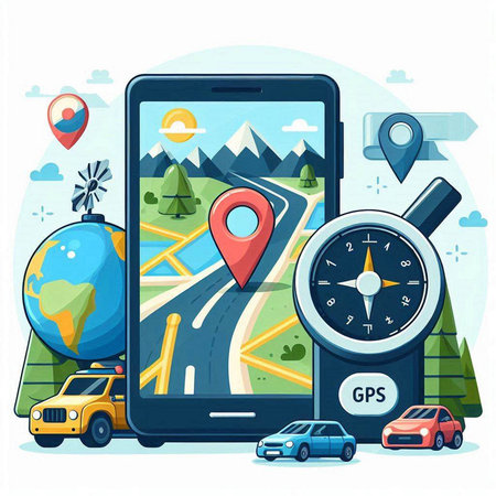 Navigation concept. Vector illustration in flat style. Smartphone with GPS navigator, car, compass, globe, map and car on the road.のイラスト素材