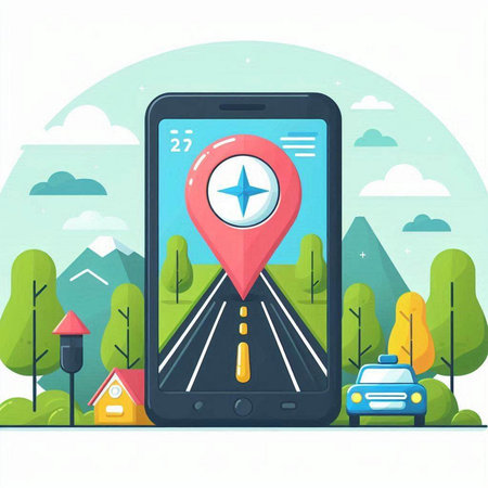 Smartphone with GPS map and car on the road. Vector illustrationのイラスト素材